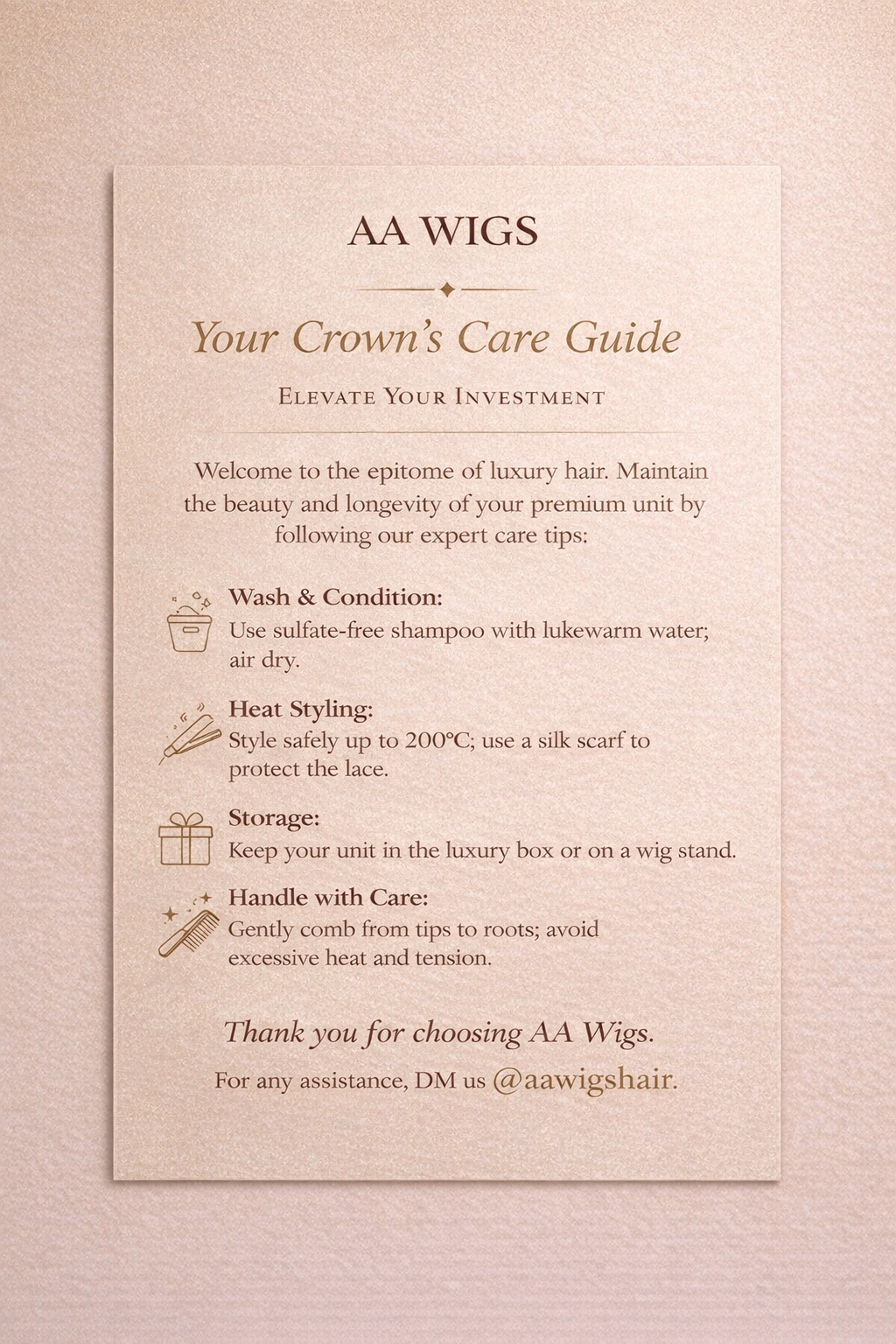 AA WIGS Care Card — Wash and Condition, Heat Styling, Storage, Handle with Care
