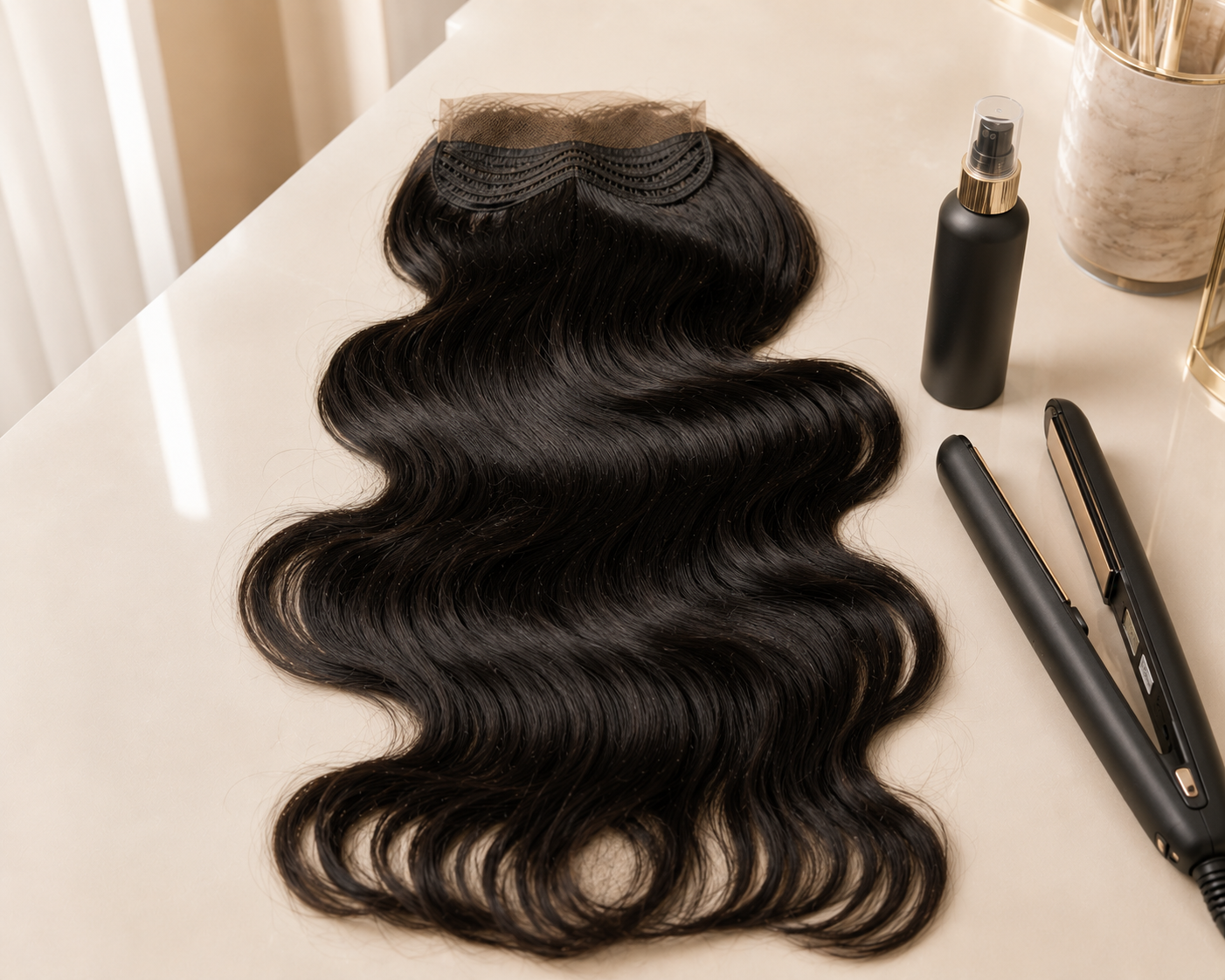 AA WIGS body wave wig laid flat on a vanity surface beside a flat iron and heat-protectant spray bottle — ready for styling