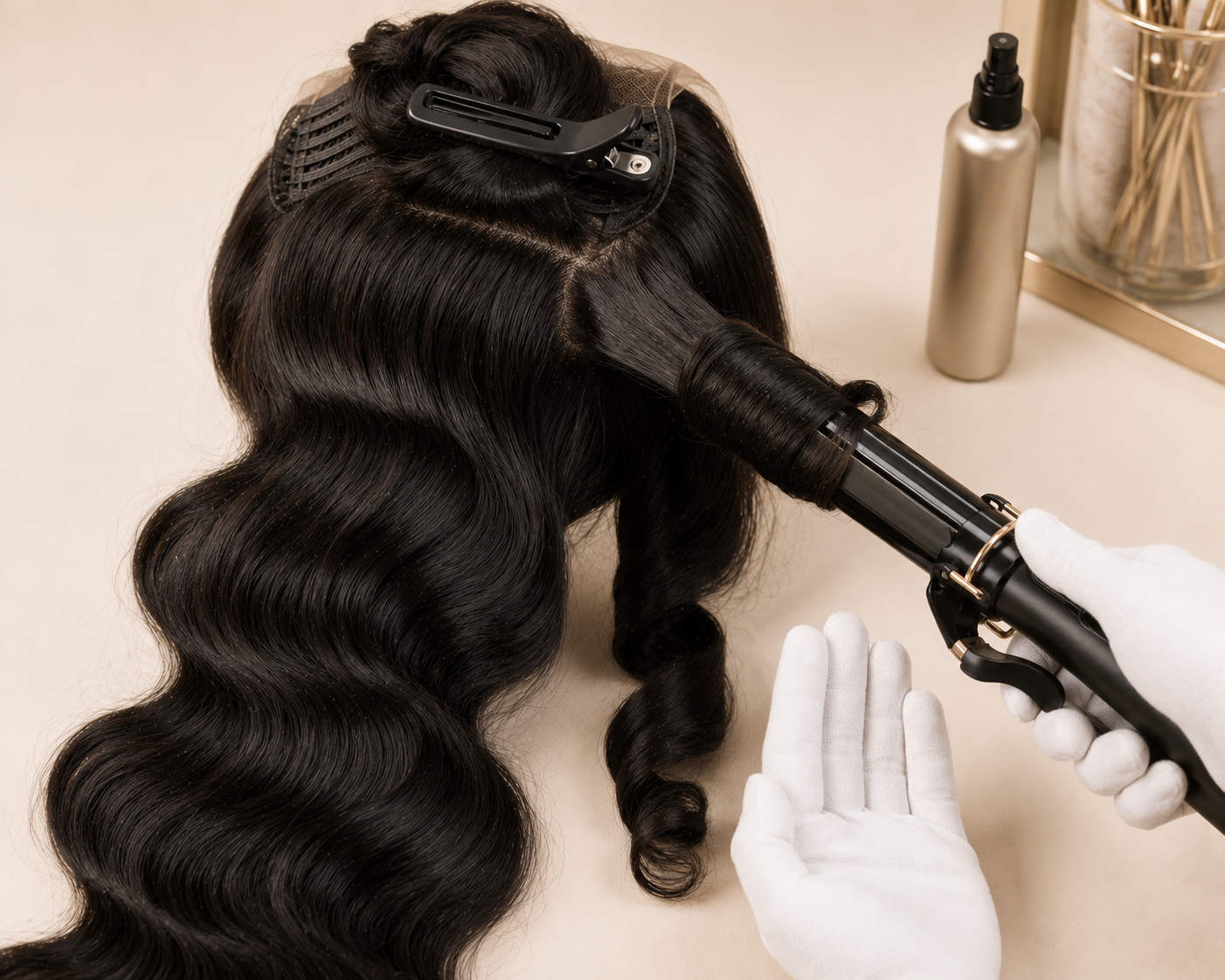 White-gloved hand holding a curling iron wrapped around a 1-inch section of AA WIGS body wave hair, heat-protectant spray visible in background
