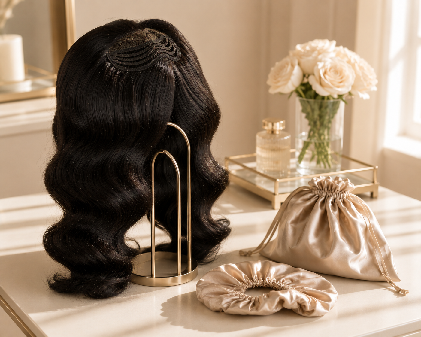 AA WIGS body wave wig on a gold stand on a vanity, alongside a satin storage bag and silk scrunchie — proper overnight wig care setup