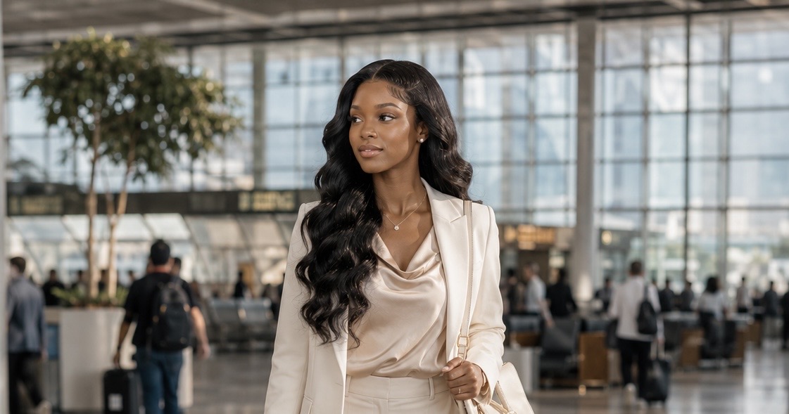 Confident woman in a cream blazer walking through an international airport terminal wearing an AA WIGS body wave wig — flawless styling from departure to destination