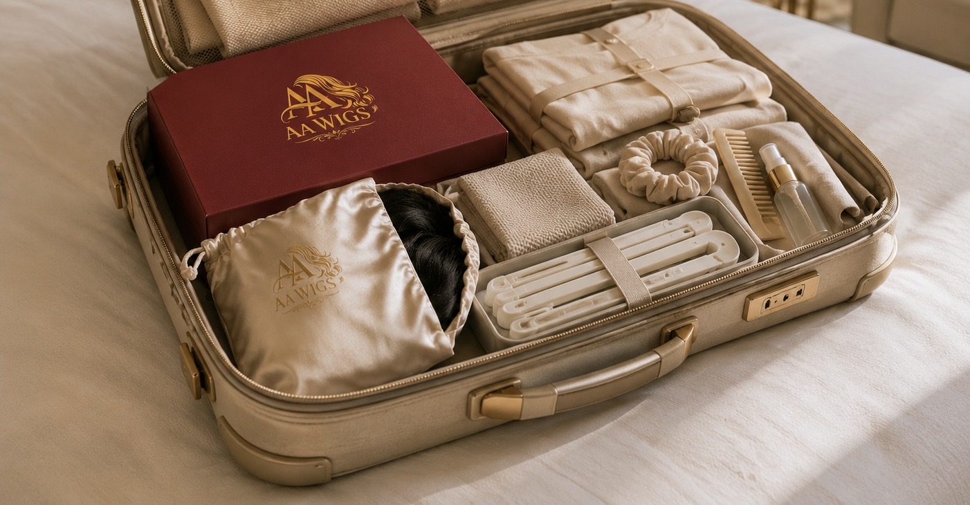 Open gold carry-on suitcase packed with AA WIGS branded box, satin storage bag with wig inside, collapsible wig stand, comb, and travel accessories — organized wig travel kit