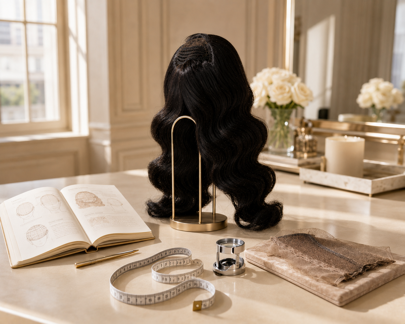 AA WIGS body wave wig on a gold stand surrounded by an open wig construction reference book, measuring tape, lace swatch, and magnifying loupe — every glossary term represented in one scene