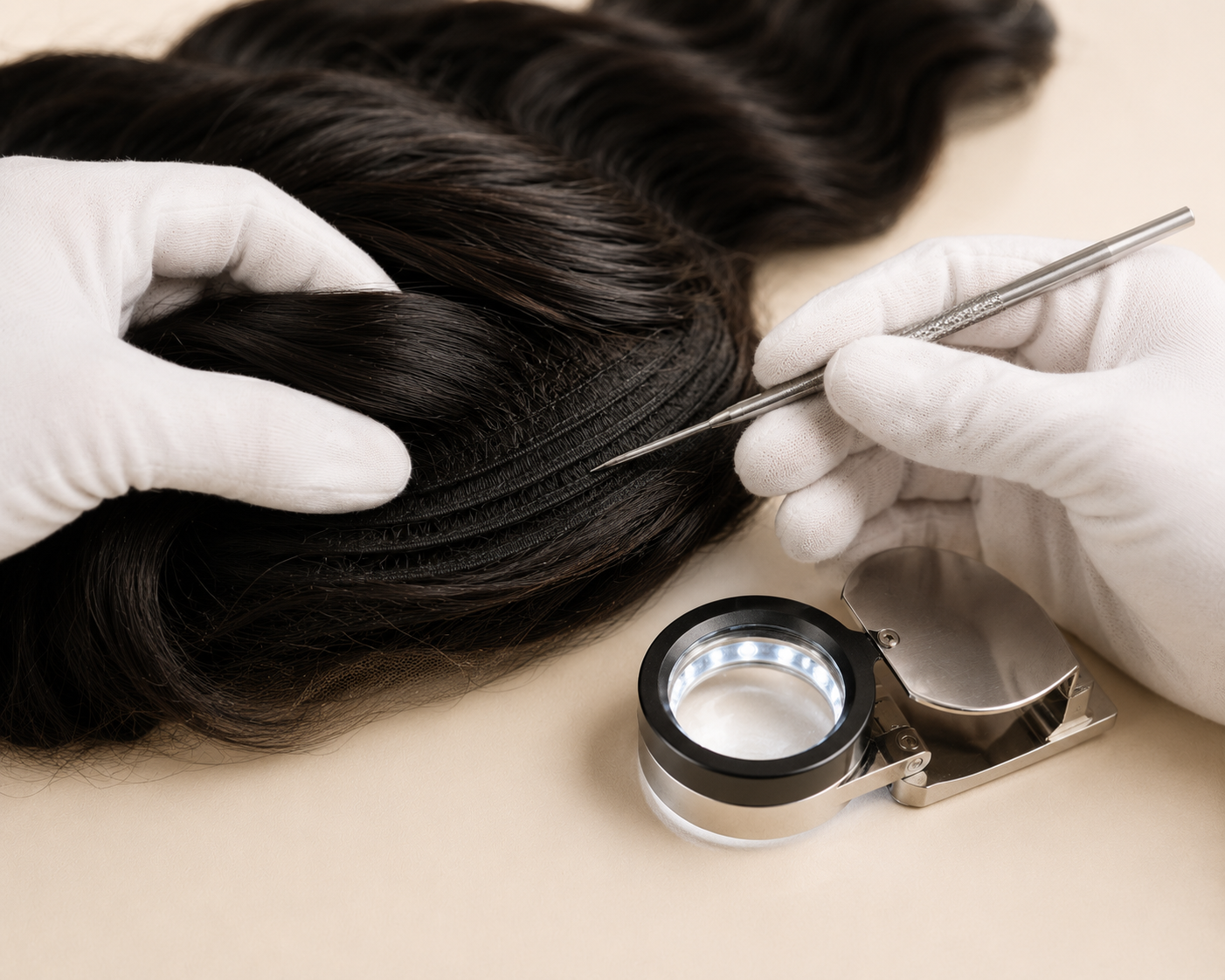 White-gloved technician inspecting AA WIGS body wave weft stitching under magnification — close-up of sealed track construction