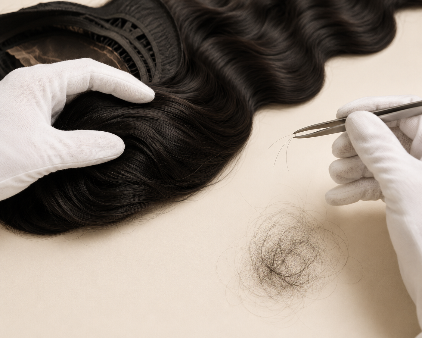 White-gloved quality inspector examining shed hairs alongside an AA WIGS body wave wig — weft construction detail