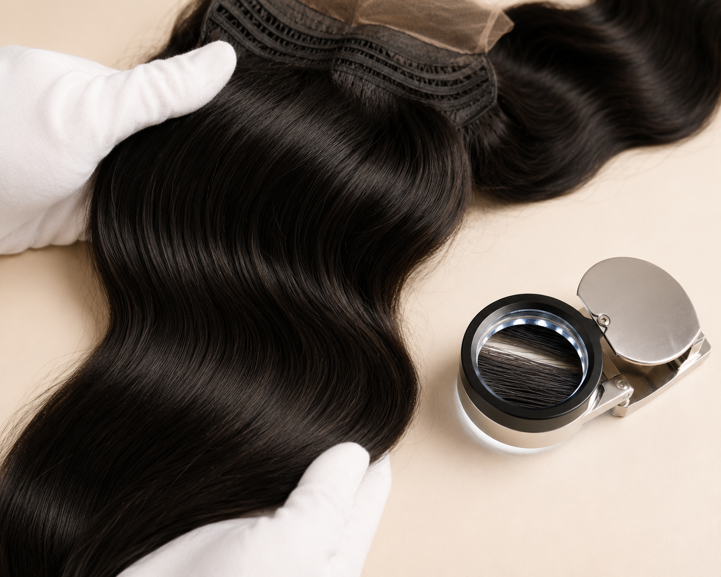 White-gloved inspector holding AA WIGS body wave wig alongside a magnifying loupe — cuticle-aligned virgin hair flowing uniformly in one direction