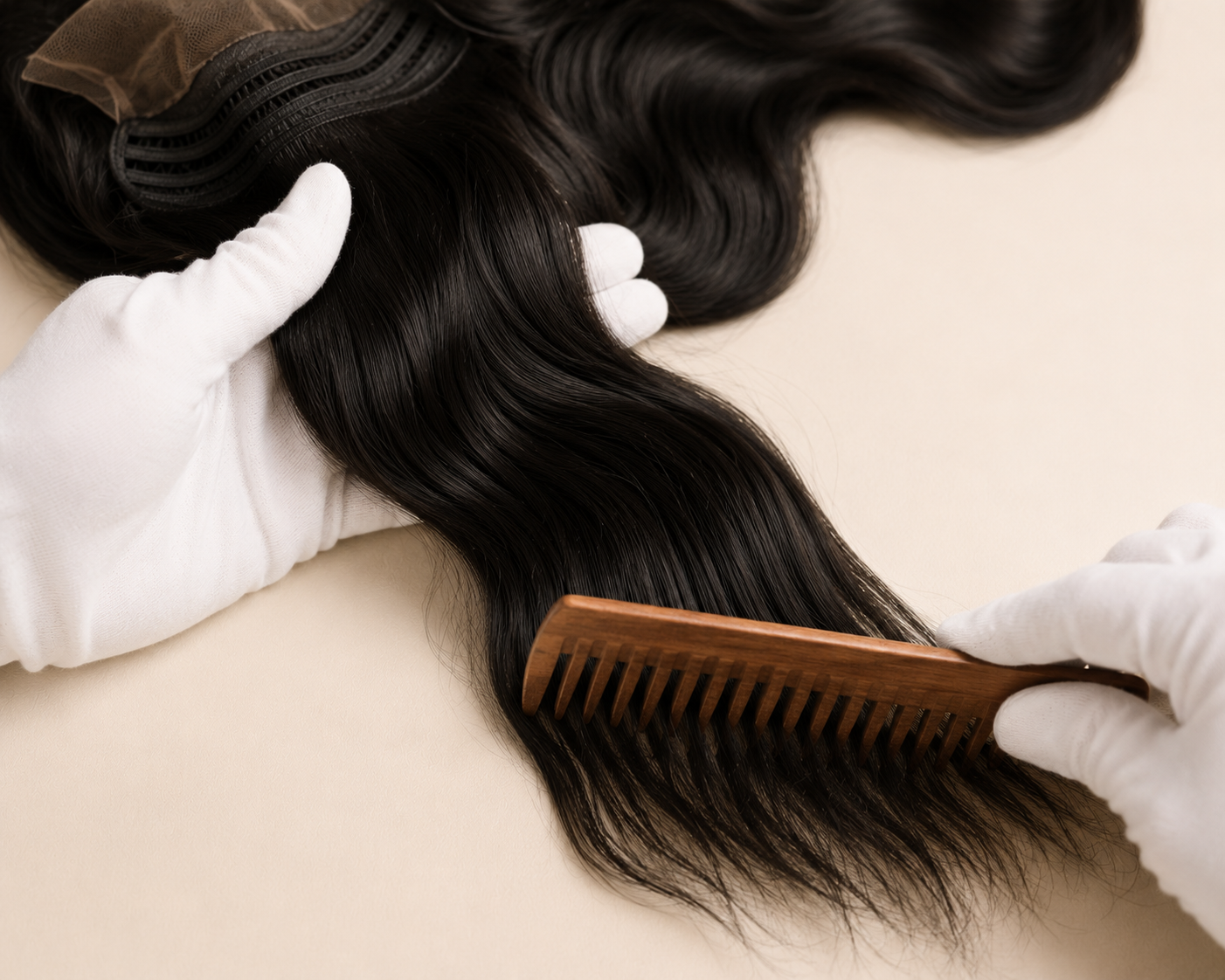 White-gloved hands using a wide-tooth wooden comb to detangle an AA WIGS body wave wig from the ends upward